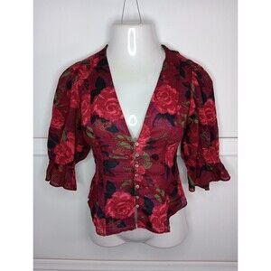 Free People I Found You Floral Button Down Printed Top Small Wine Peasant Sleeve